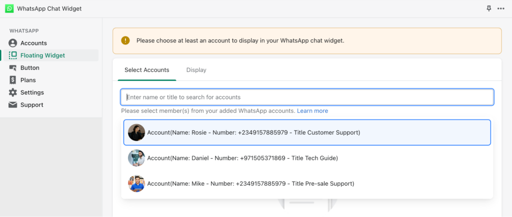 add support members to floating whatsapp chat widget