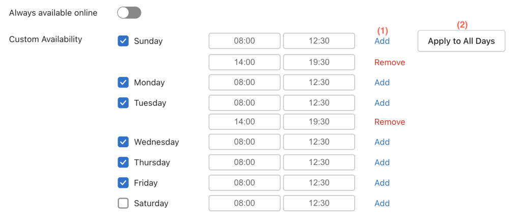 set up custom available schedule of member on whatsapp chat widget