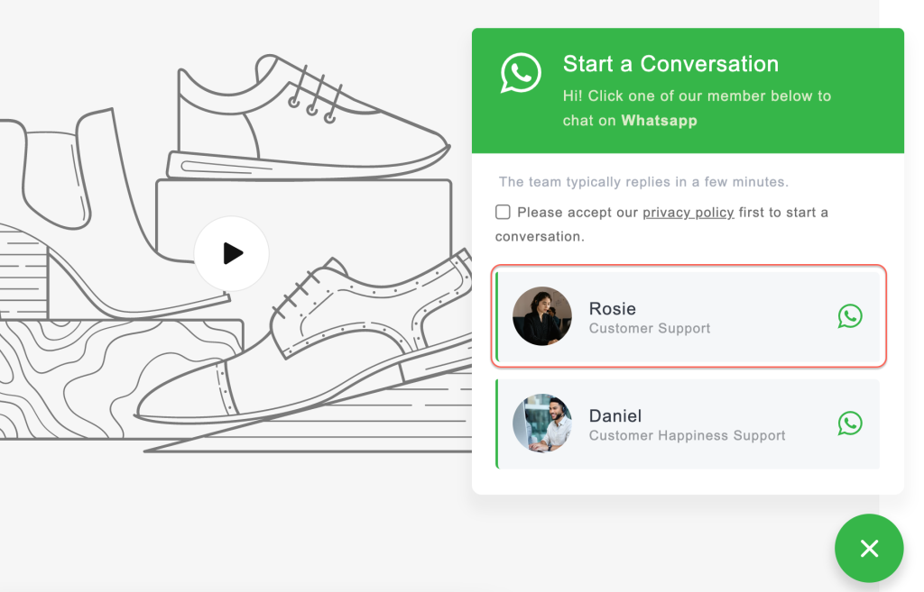support member info on whatsapp chat widget of shopify store