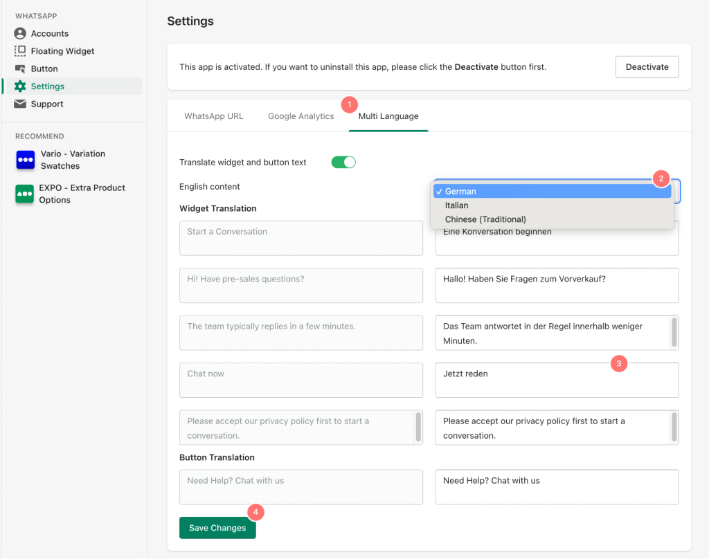 translate multi language for whatsapp chat widget shopify store
