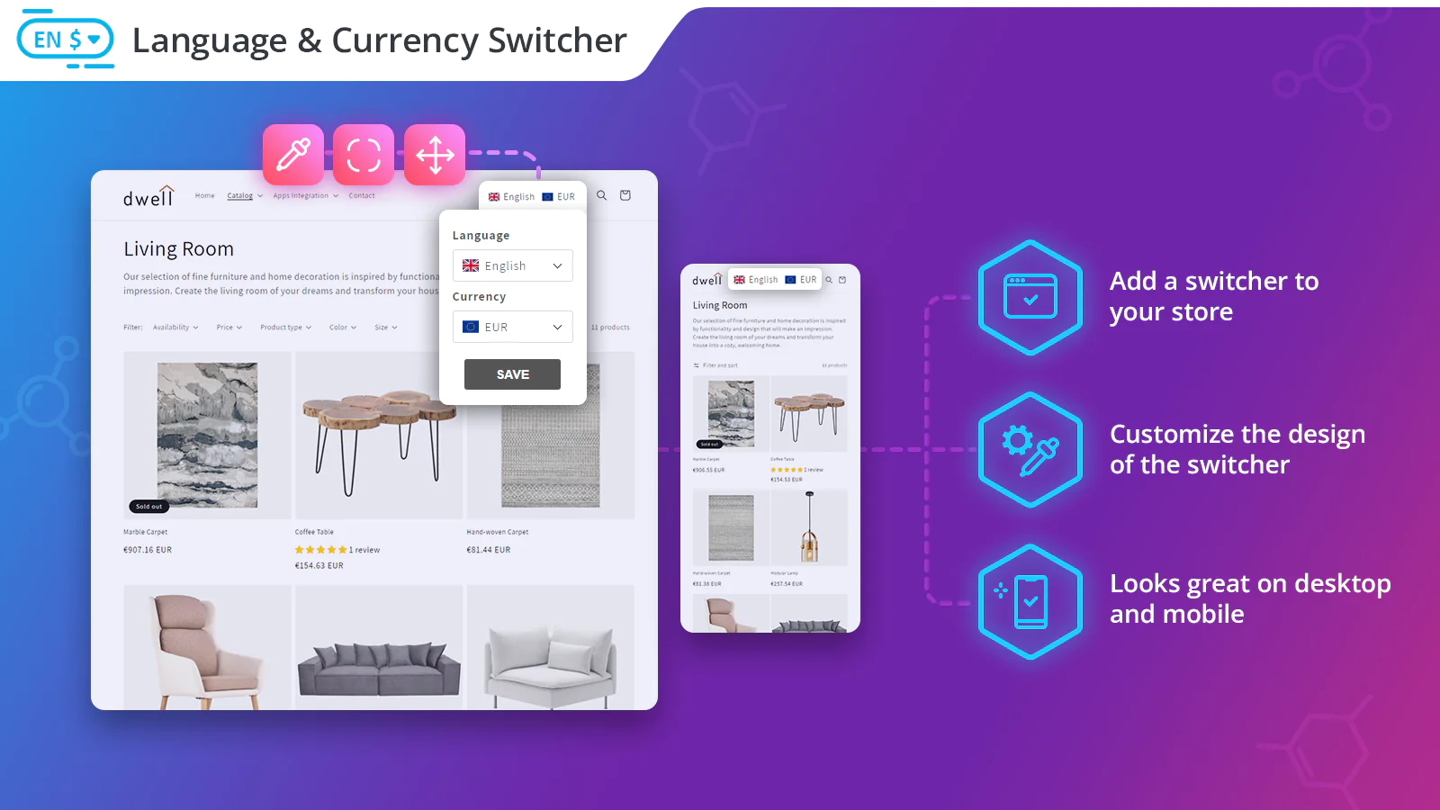 T Lab language and currency switcher for Shopify store