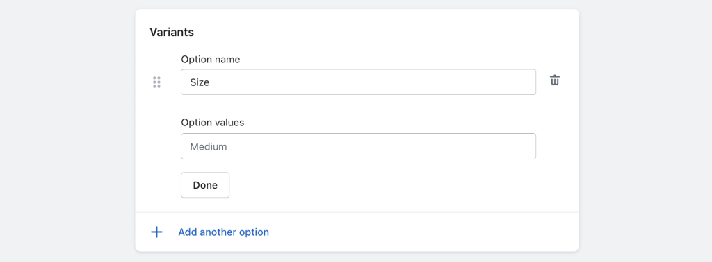 Enter the Shopify product variant Option name