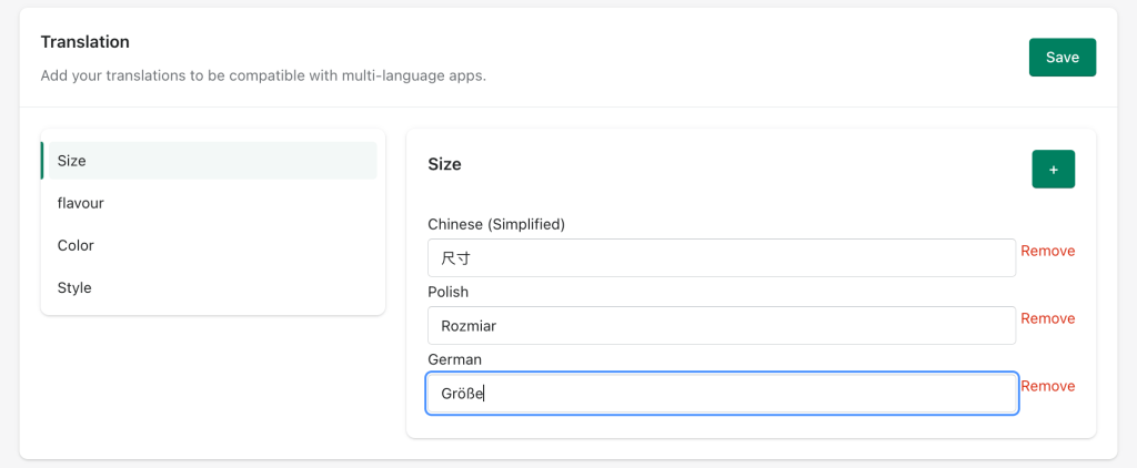 add translation text for a specific language to the variant option