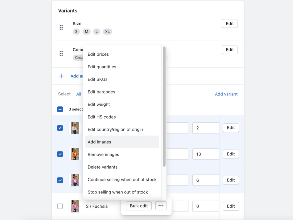 bulk edit shopify product variant
