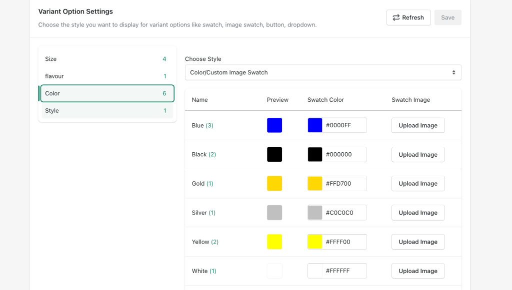 choose color custom image swatch style for color variants