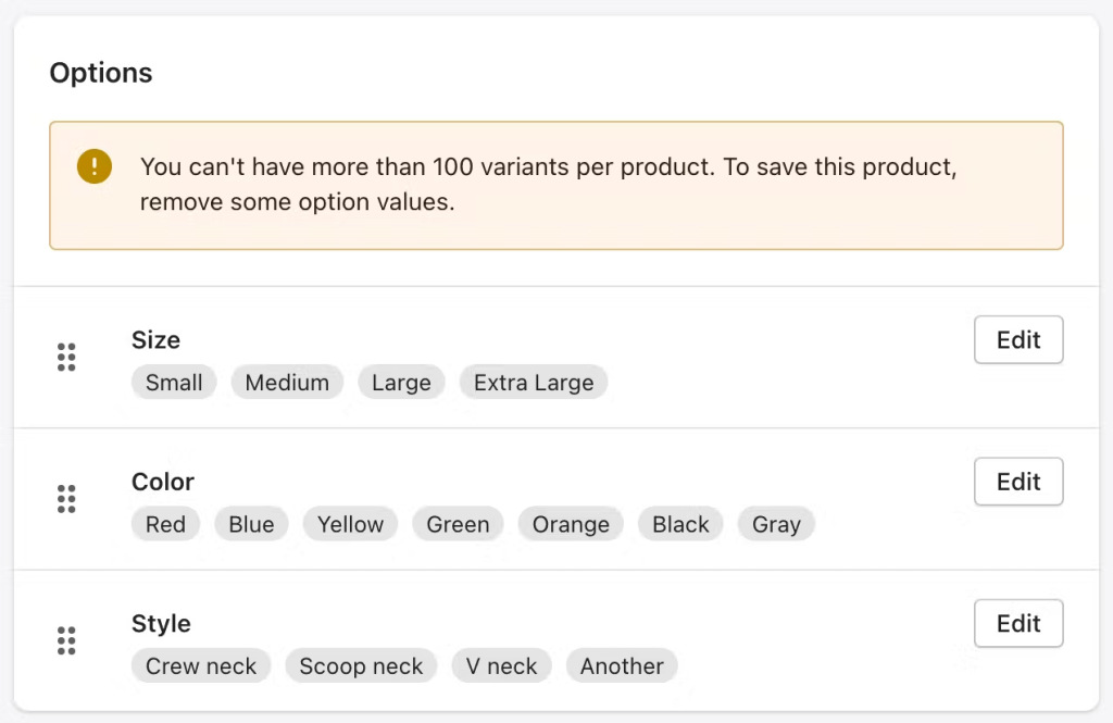 shopify more than 100 variants limitations