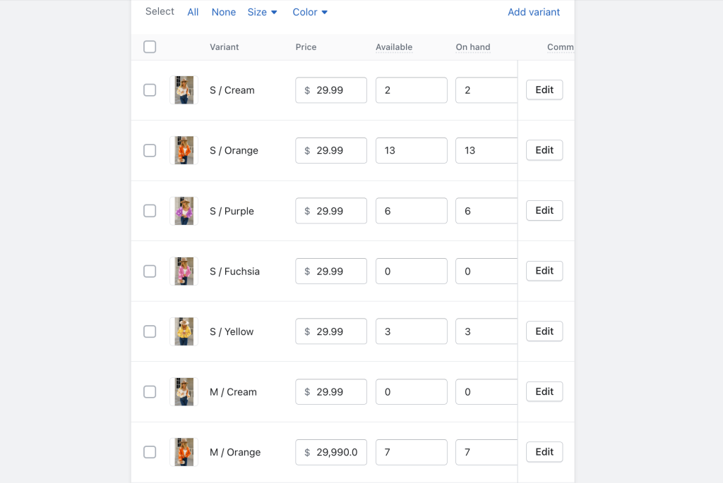 shopify product variant size and color