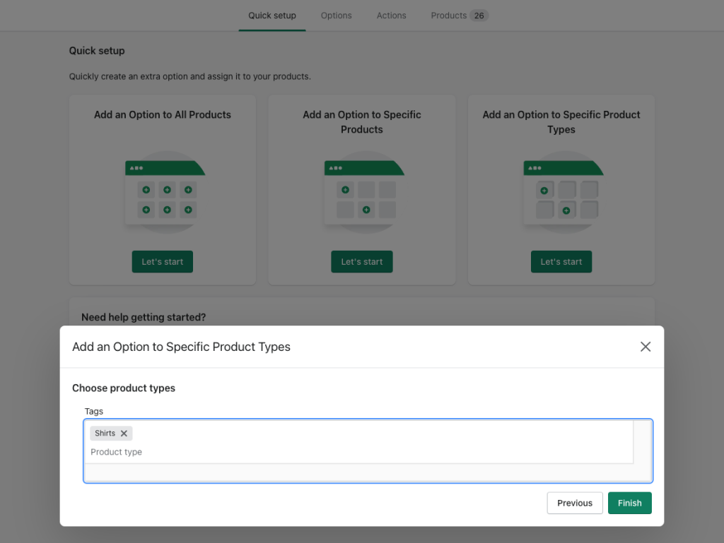 add option to specific product types shopify