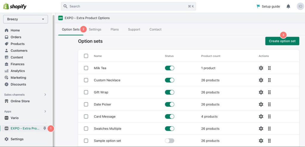 create option set shopify
