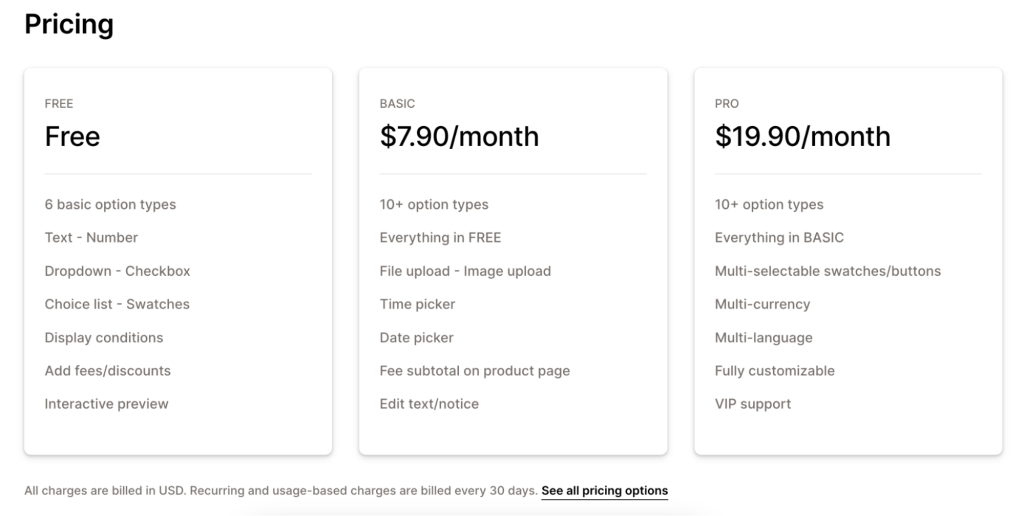 expo Shopify extra product option pricing plan