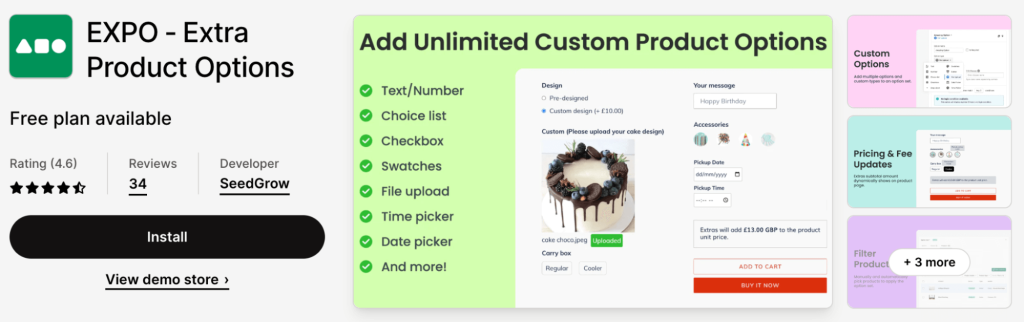 EXPO extra product options shopify more than 3 options