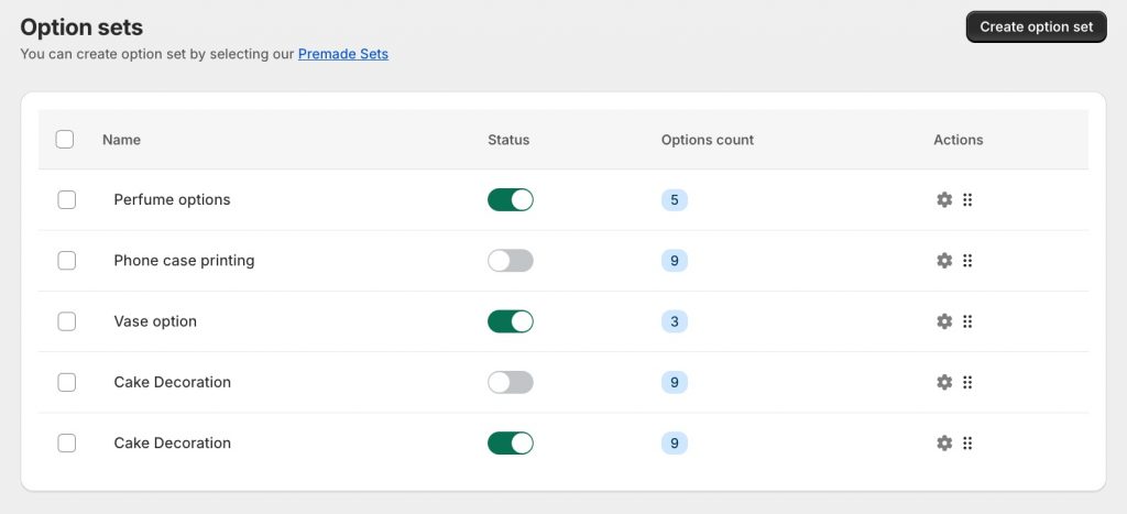 Create option sets