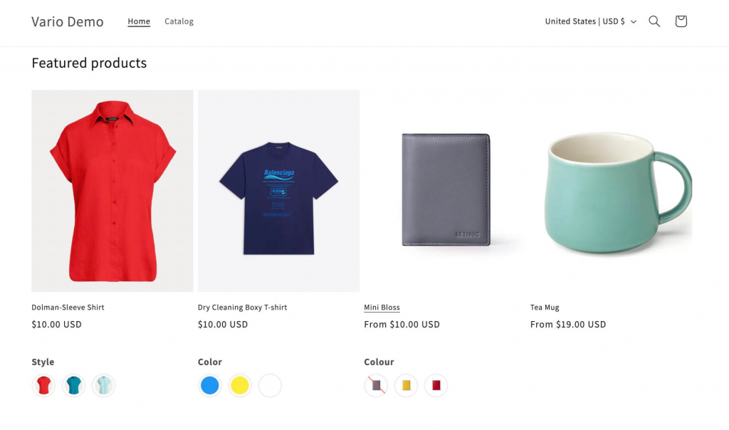 Color swatches on Shopify Home page