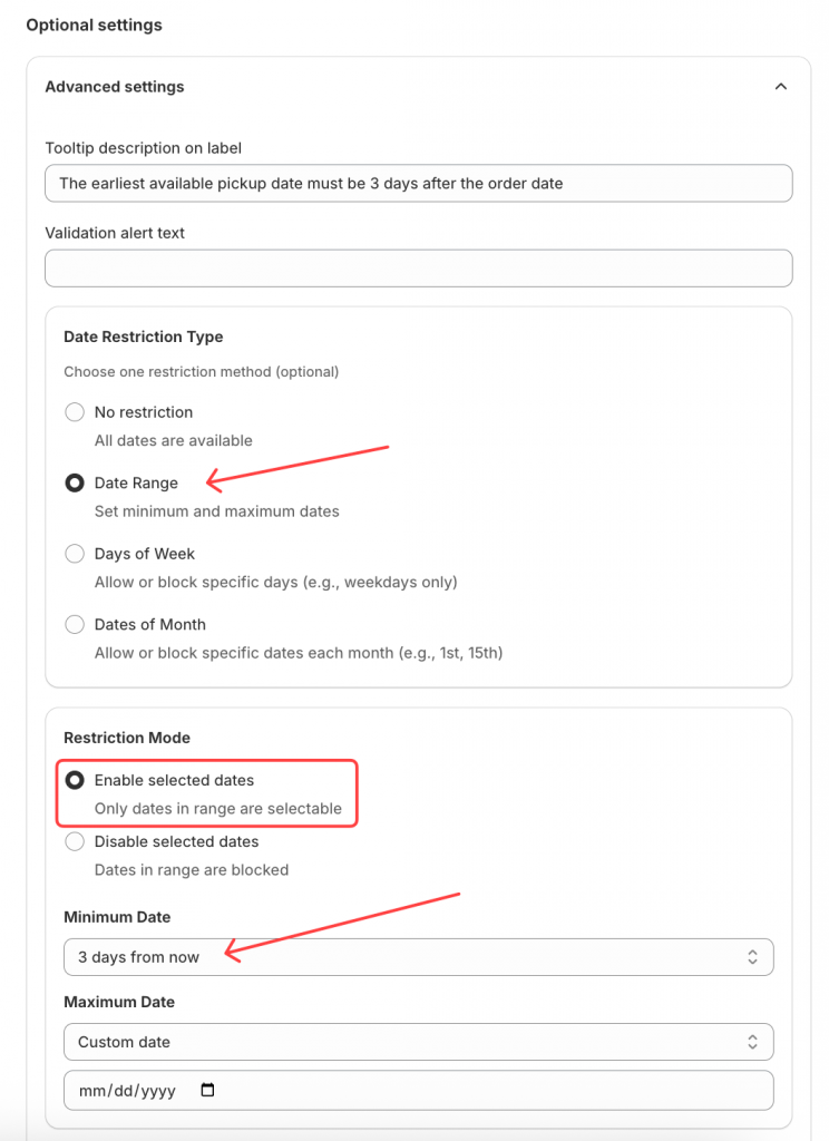 Configure the Restriction mode of Date picker