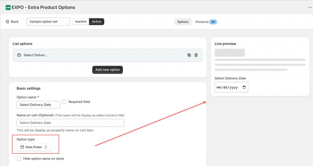 Select Date Picker option type of EXPO