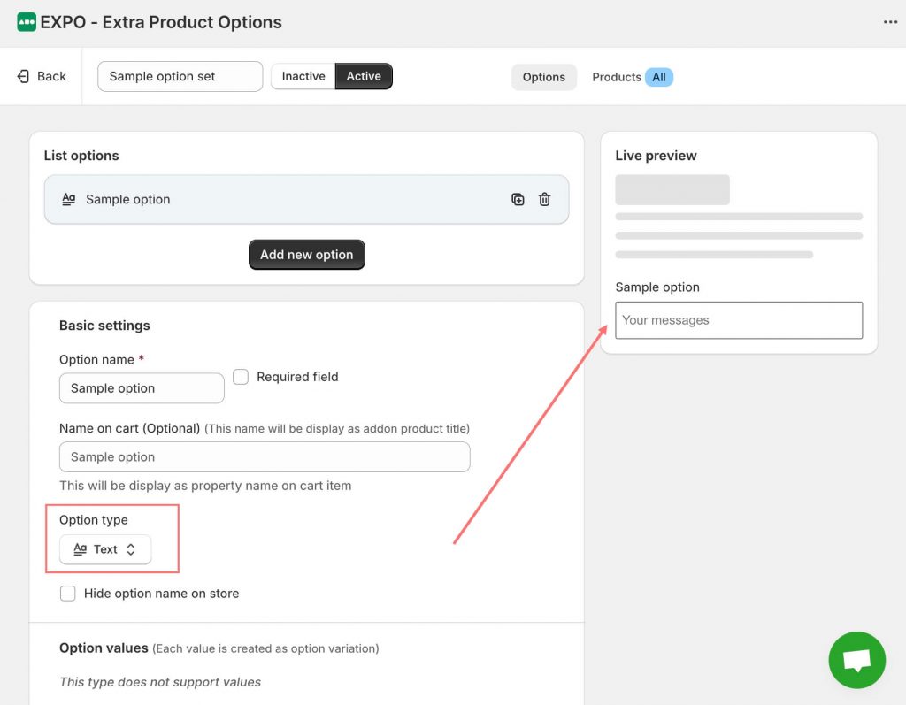 Text option Type of EXPO