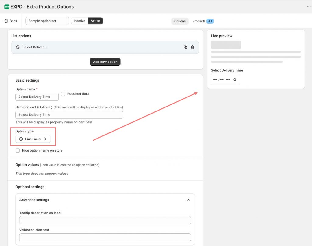 The settings of Time Picker option