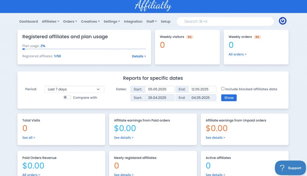 Affiliatly Afiliate App dashboard