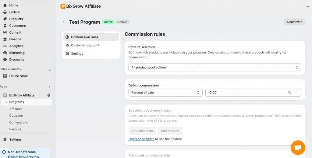 BixGrow Affiliate create program dashboard