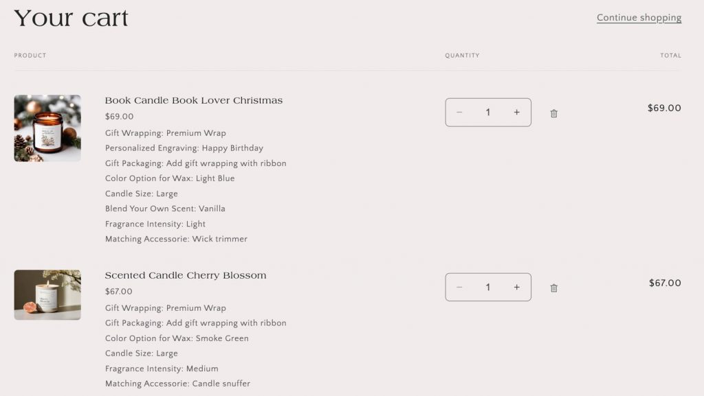 Cart page when add extra product option