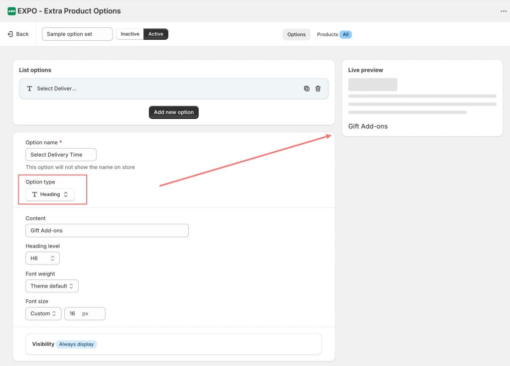 Setting the Heading option of EXPO