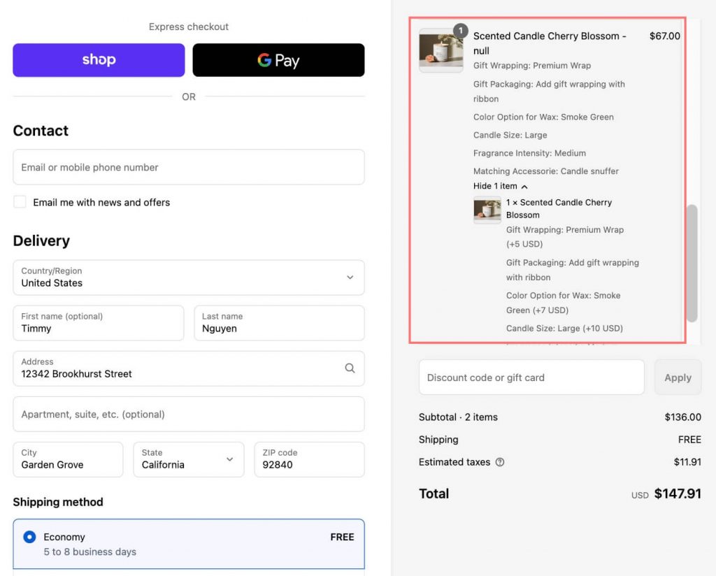 checkout page of Shopify with extra option