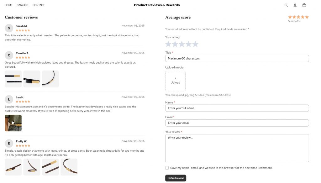 The front end of Product review rewards