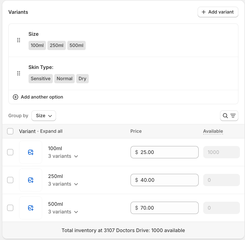 Add Variant to Shopify product