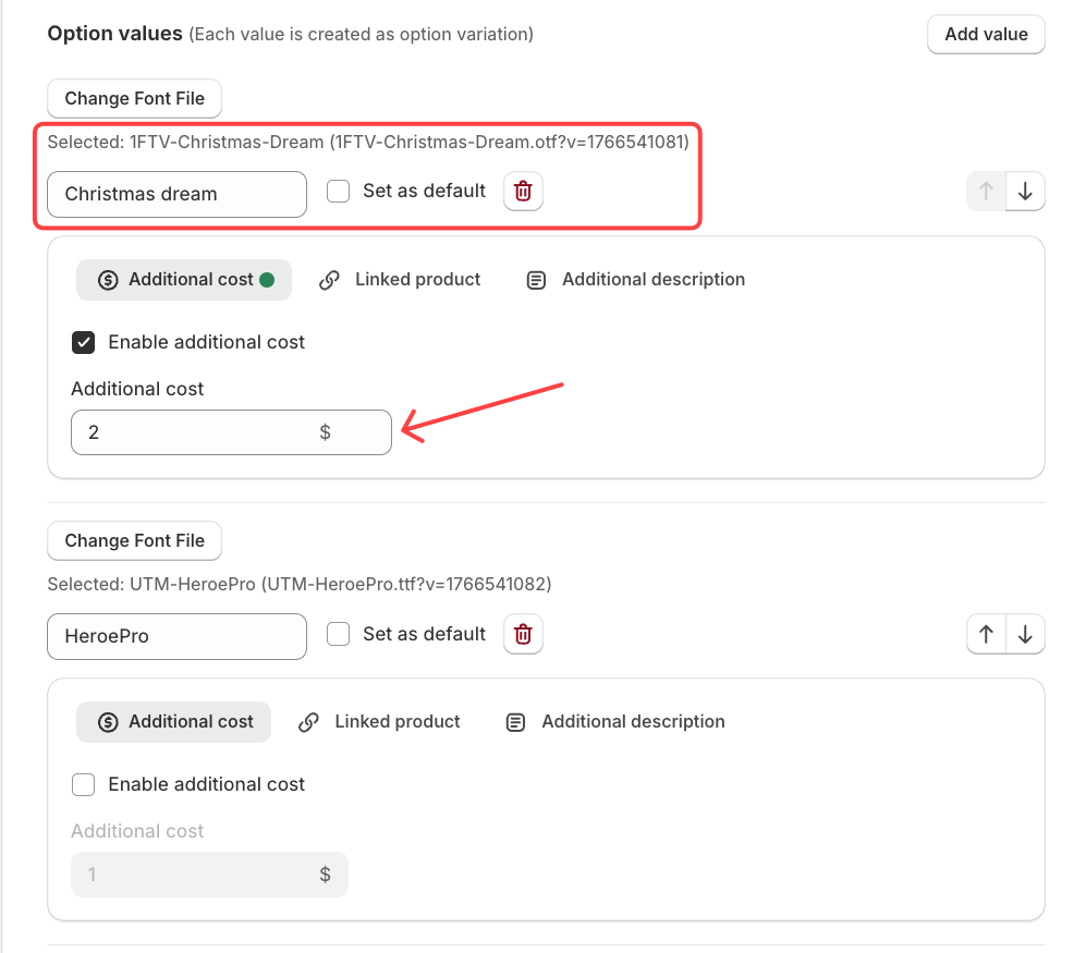 Enable extra cost for font value