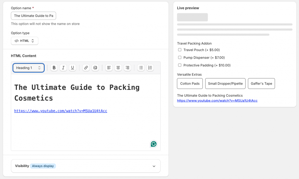 configure HTML content for option