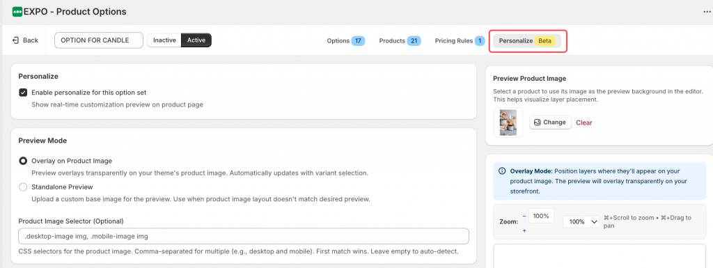 Enable the personalize feature