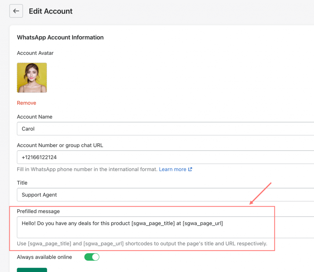 edit the prefilled message