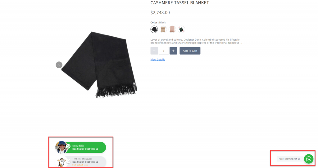 WhatsApp floating widget and buttons look on the product page
