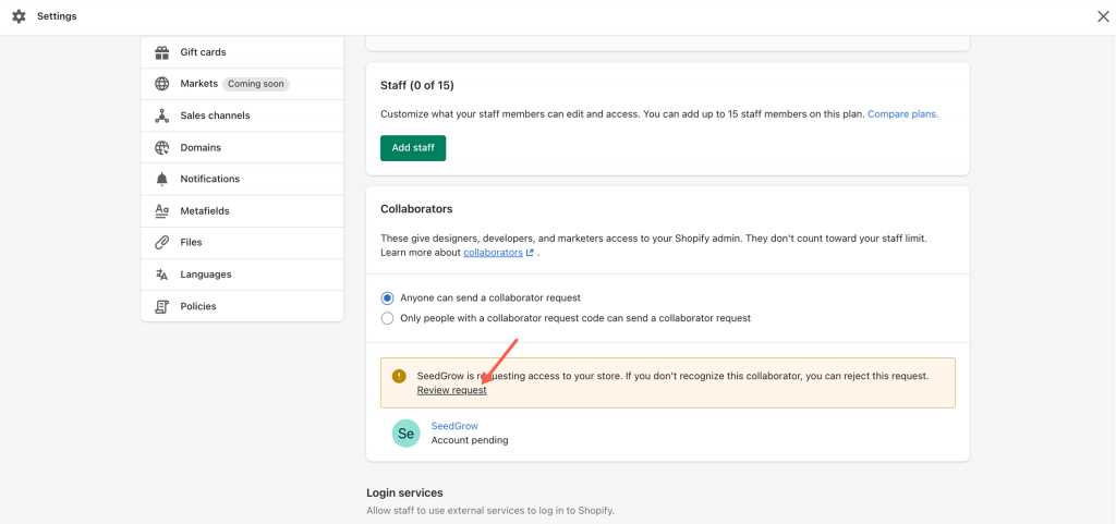 Settings for Users and permissions
