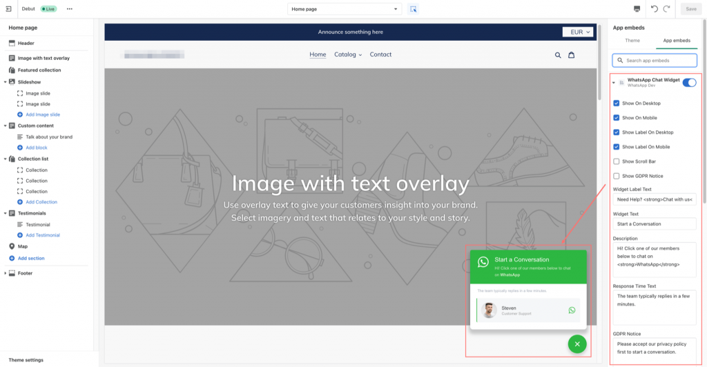 ustomizable settings and preview the changes of whatsapp widget