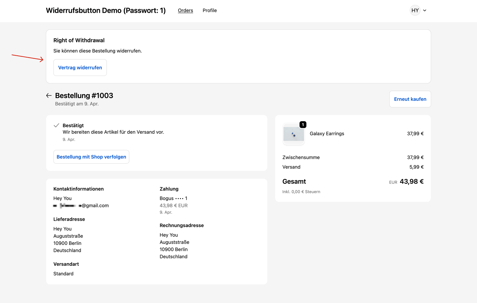 Bestellung widerrufen bei Kunden Seite