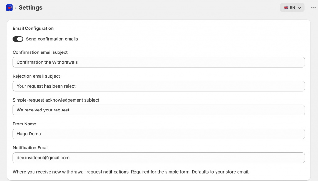 Configure the sender for email in Widerruf app