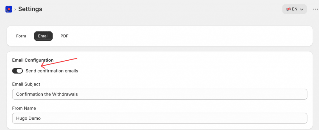 Enable confirmation emails with Widerruf