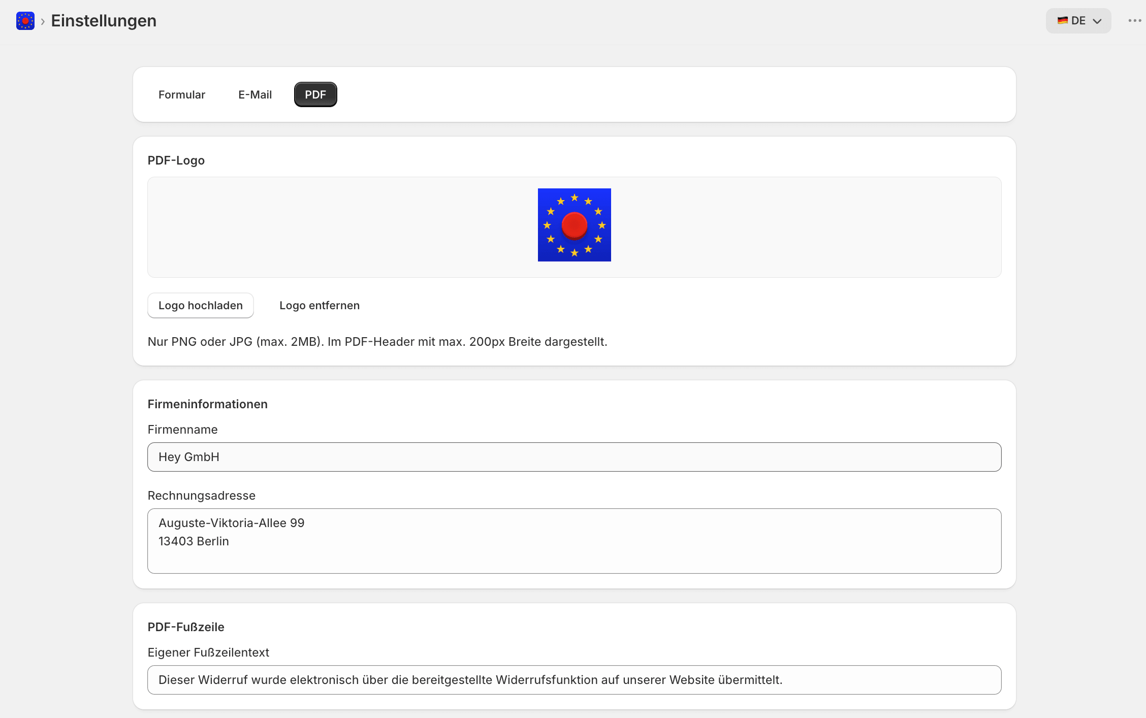 Settings PDF Widerrufsbestaetigung Einstellungen