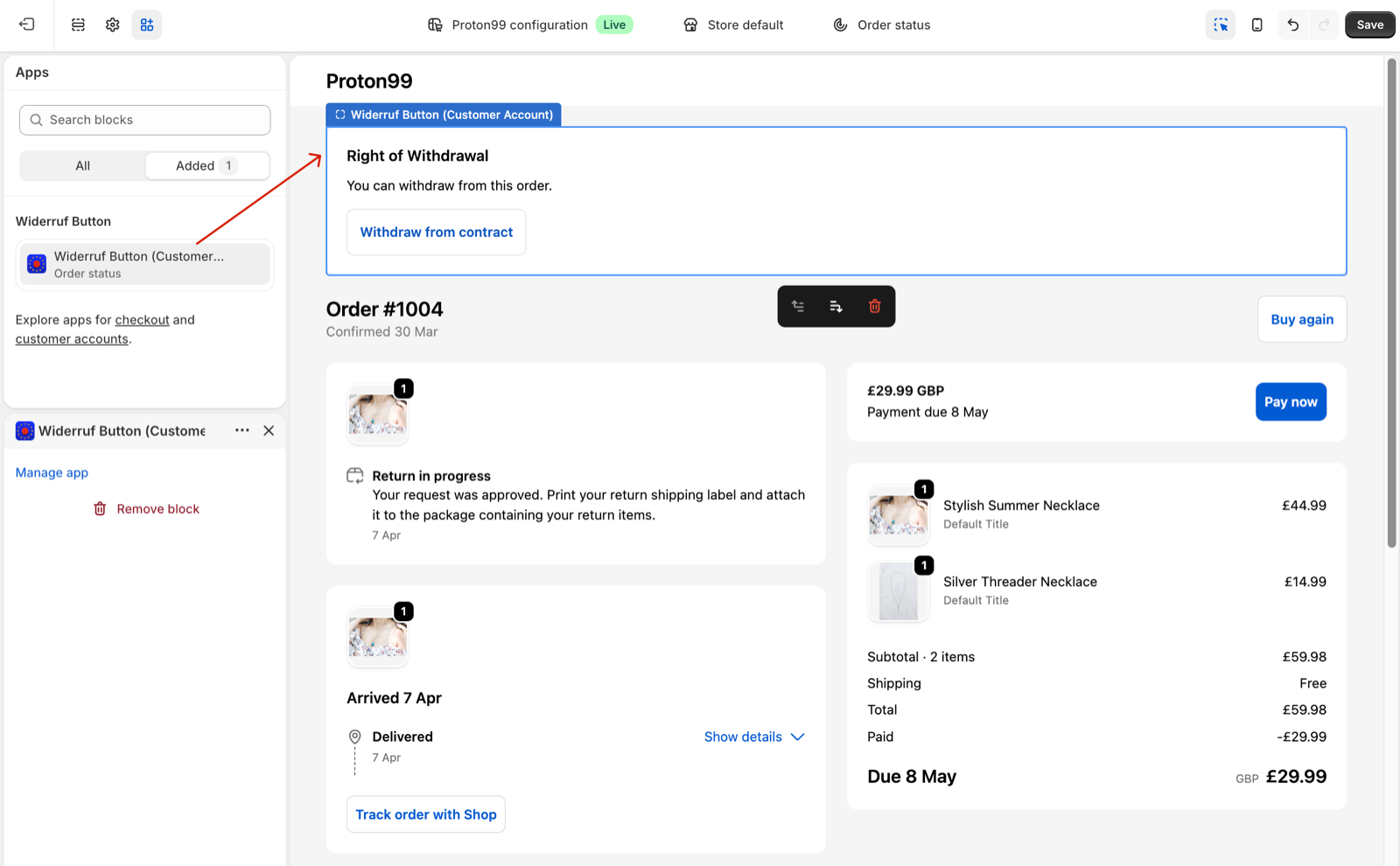 Add withdrawal button in customer order status