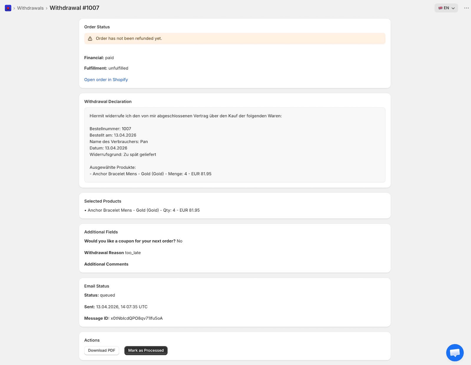 Admin order withdrawal processing