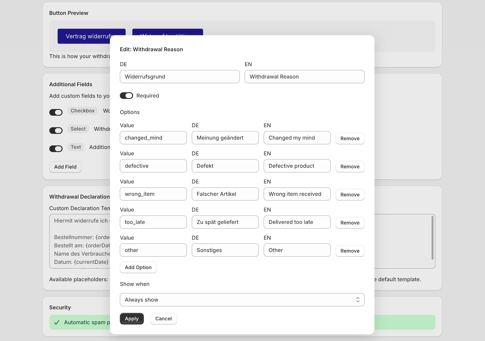 List of withdrawal reasons
