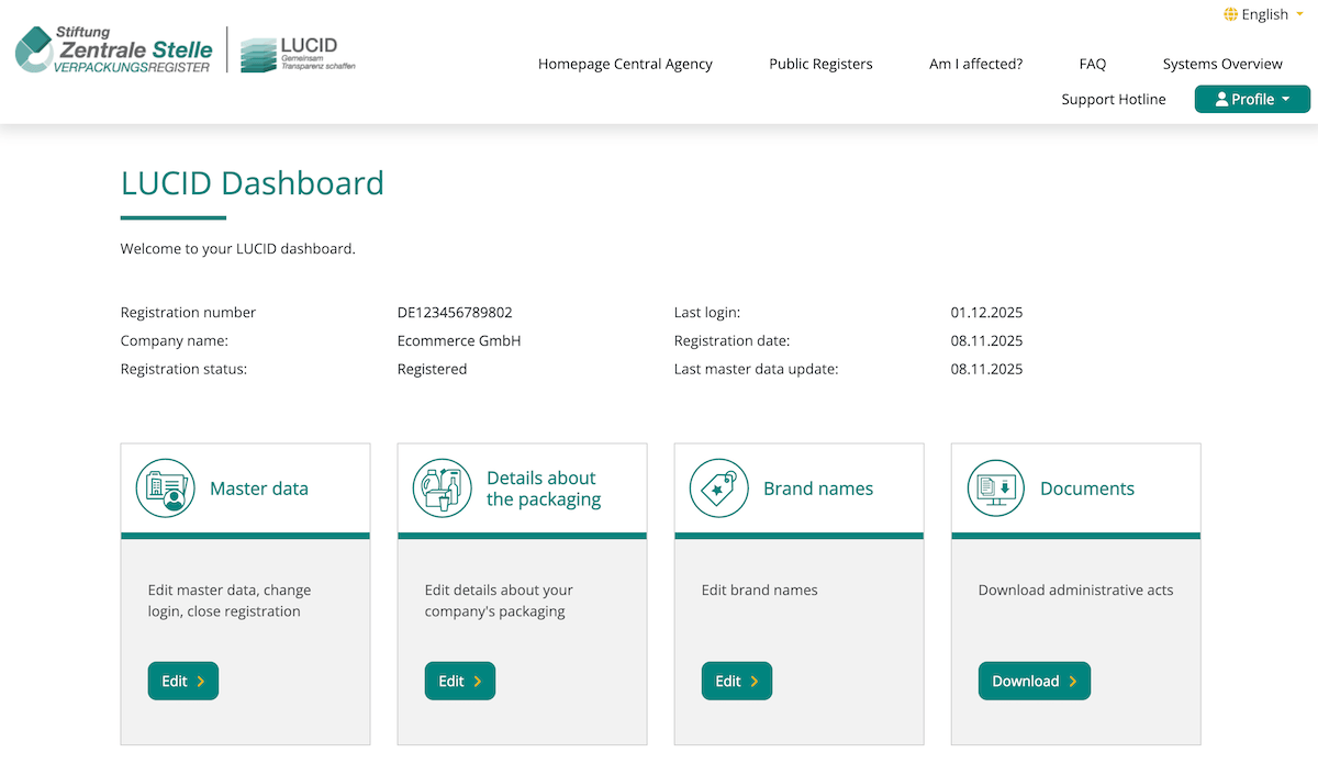 Verpackungsgesetz LUCID dashboard