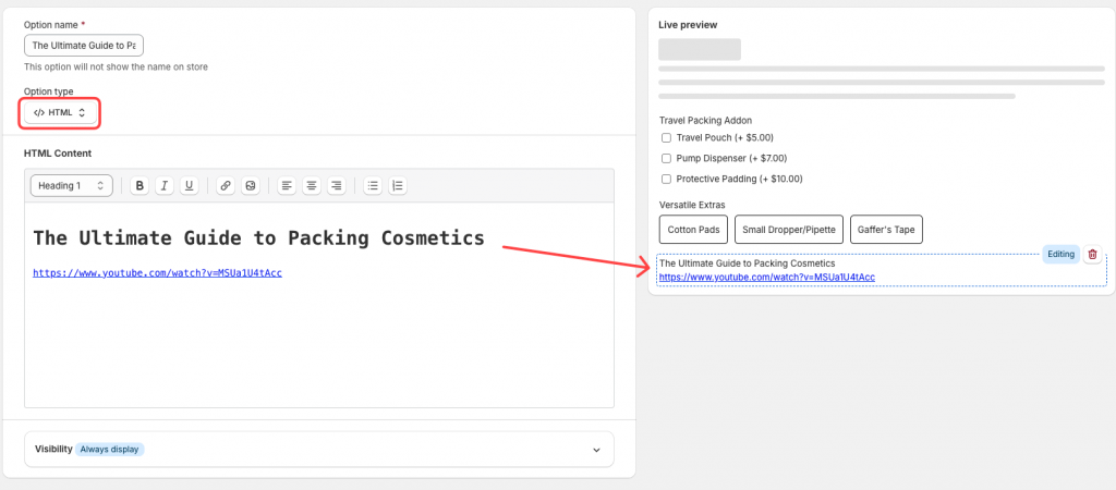 Configure HTML content for options