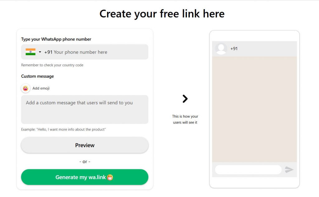 enter details - create a WhatsApp link