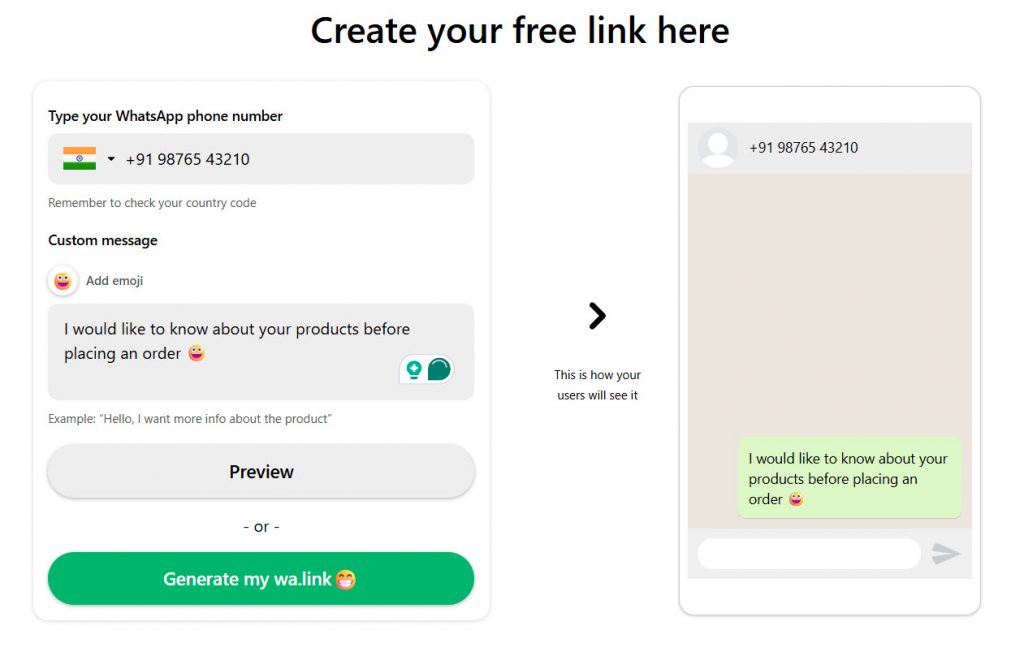 fill the details - create a WhatsApp link