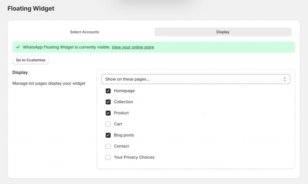show on these pages - Show or Hide the WhatsApp Widget